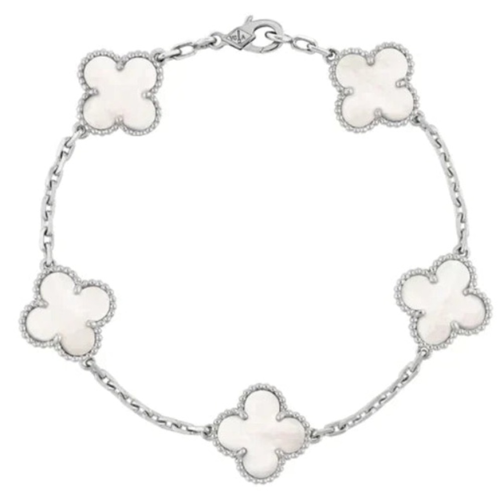 Mother of Pearl 5 Flower Clover Motifs Silver Bracelet